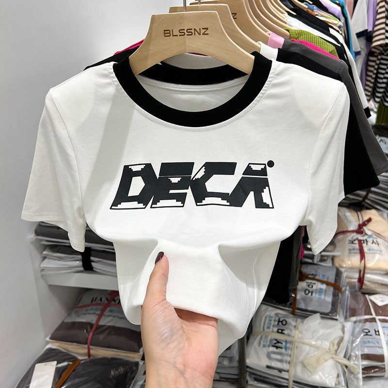 Short-sleeved T-shirt Women's Western Style Retro Print V-neck
