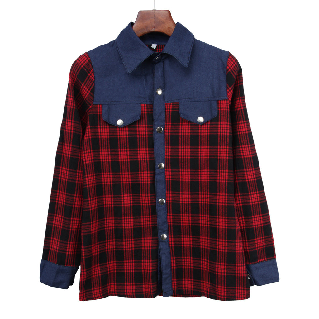 Plaid denim patchwork shirt
