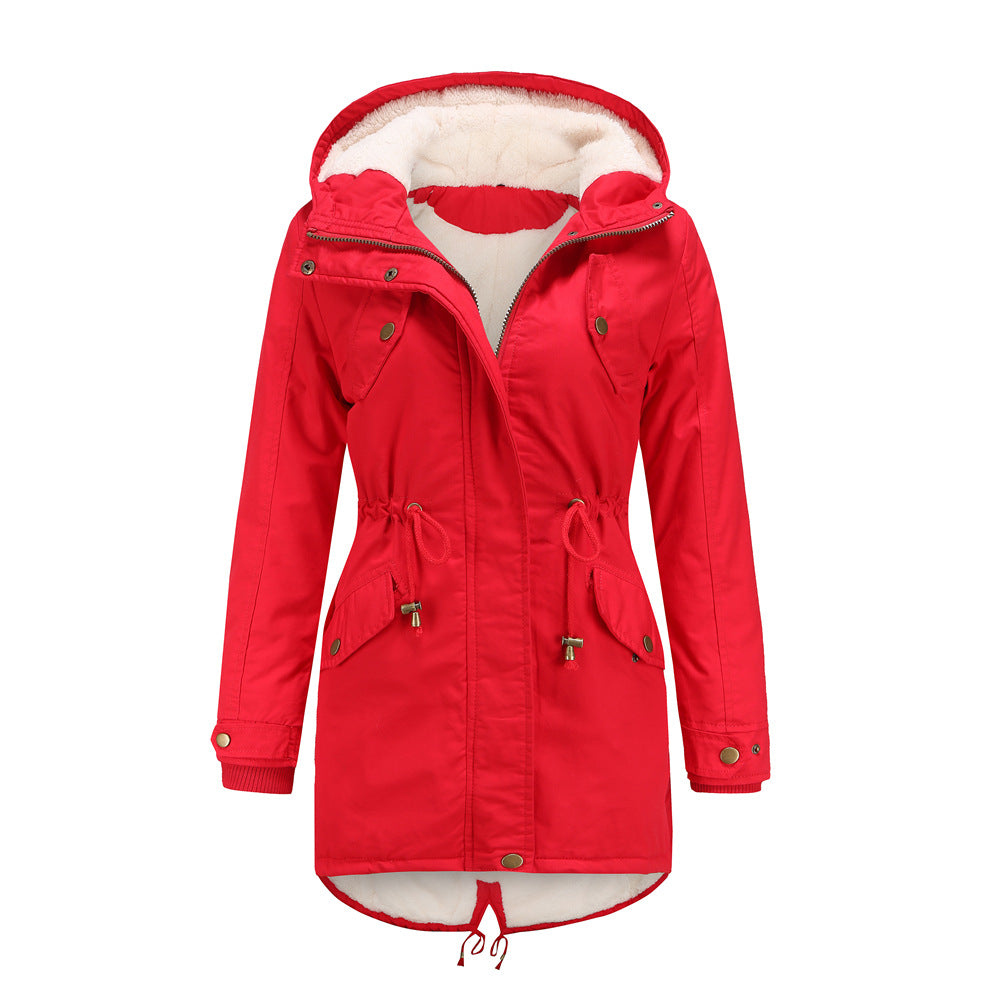 Women's Solid Color Hooded Parka Thick Cotton Plus Fleece Cotton Coat