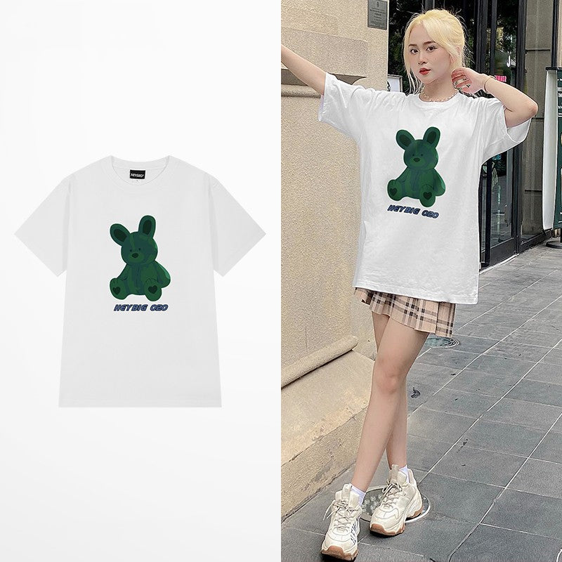 Couple Hip Hop Summer Green Bear Loose Short Sleeve T-shirt Mid