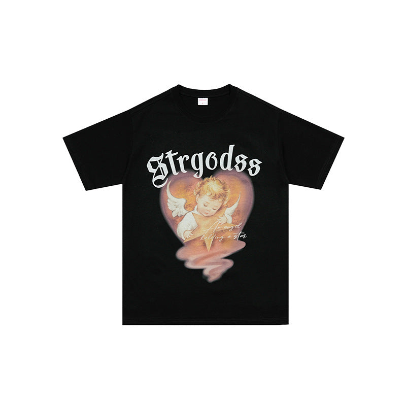 Summer Heavy American Retro Street Overesize Angel Print T-shirt