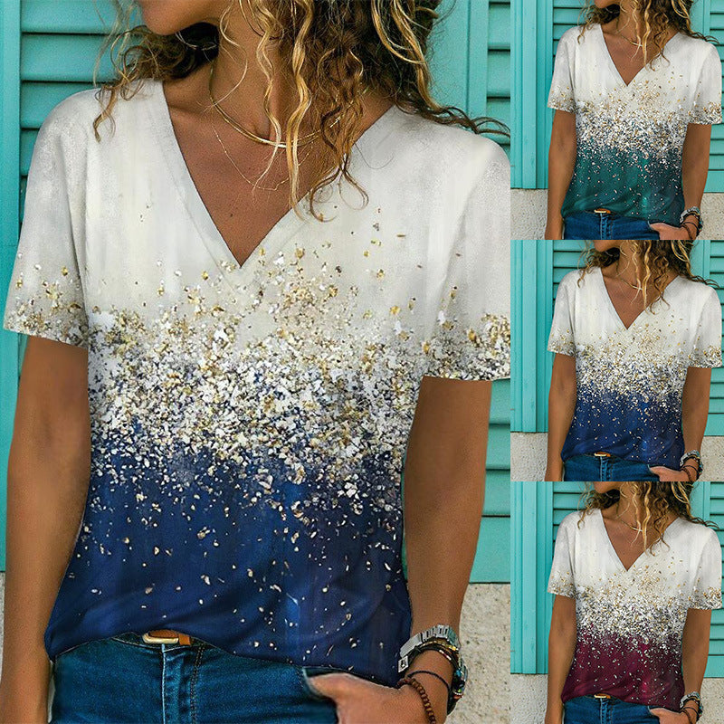 Digital Printed V-neck Short Sleeved Top