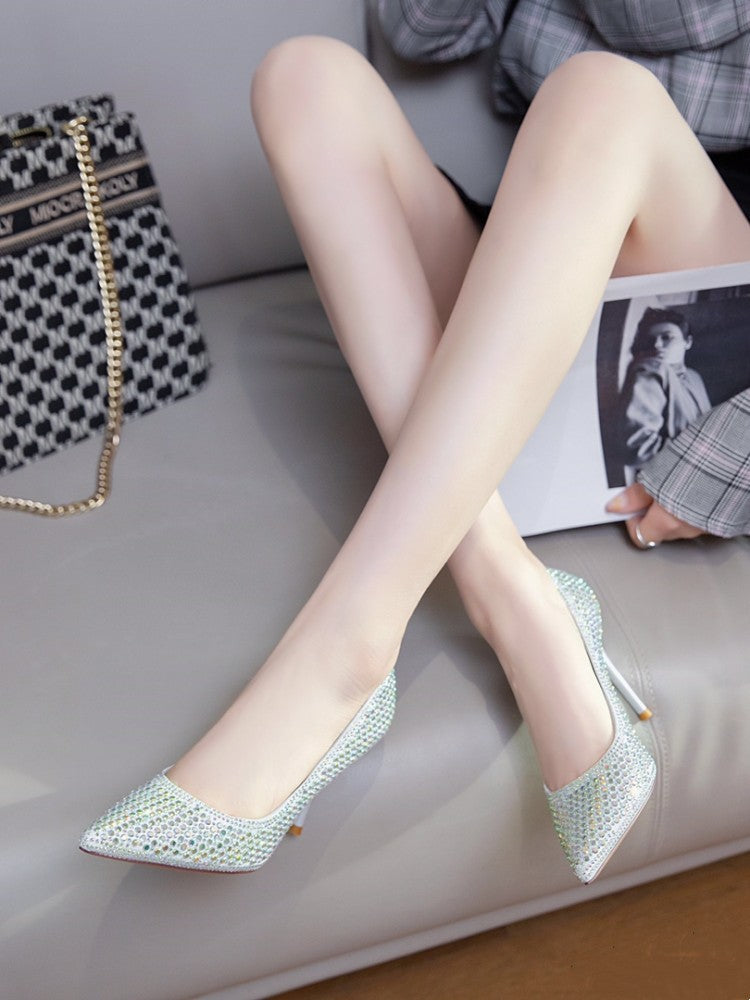 Diamond Bird Banquet Full Diamond Dress High Heels For Women 2023 New Elegant Pointed Stiletto Heel Bridesmaid Pumps