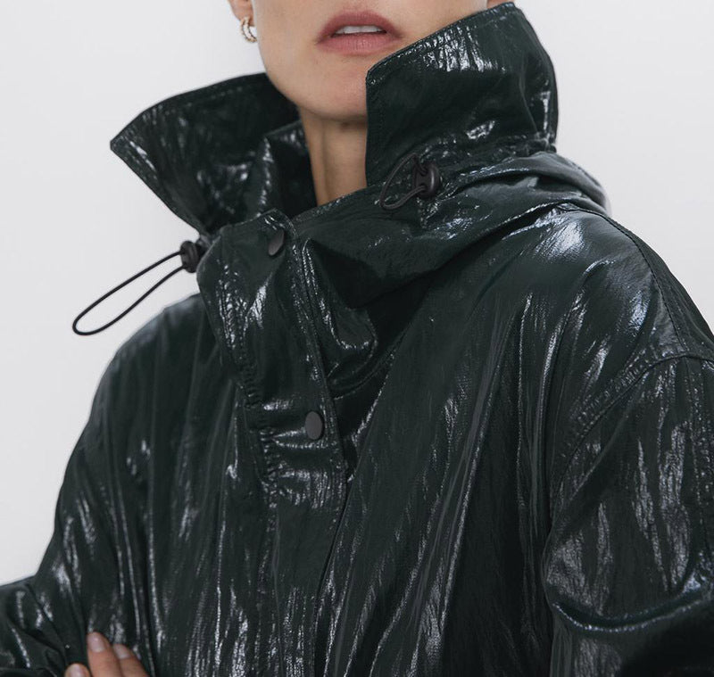 Women's pleated shiny parka casual long trench coat