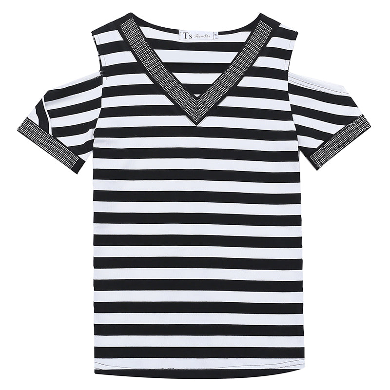 T-shirt sexy off shoulder shiny v-neck diamond