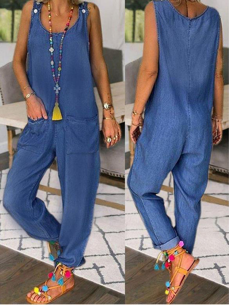 Solid Color Loose Denim Tencel Imitation Denim Temperament Jumpsuit