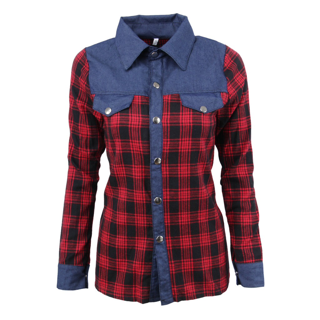 Plaid denim patchwork shirt