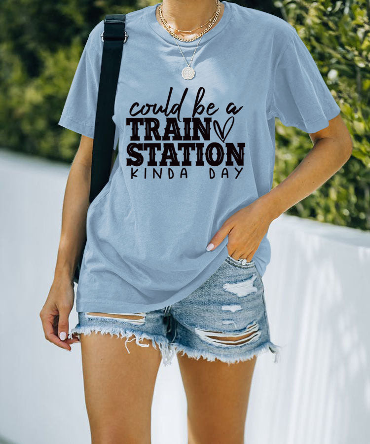 Letter Fun Printed Women's Round Neck Short Sleeve