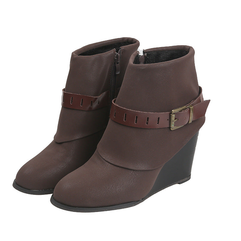 Buckled wedge high heel side zipper short boots