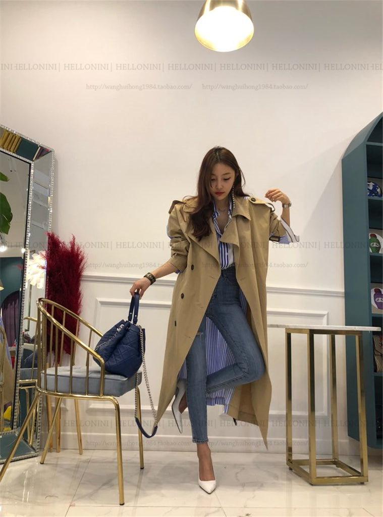 Lapel tie striped trench coat