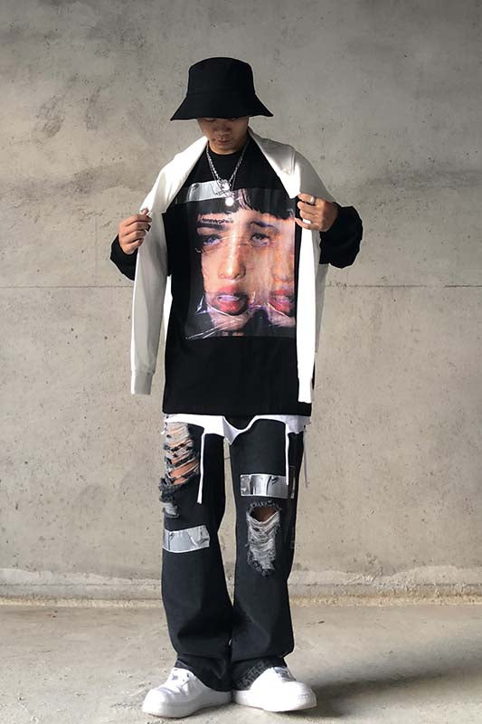 Ins High Street Portrait Print Long-sleeved T-shirt Men