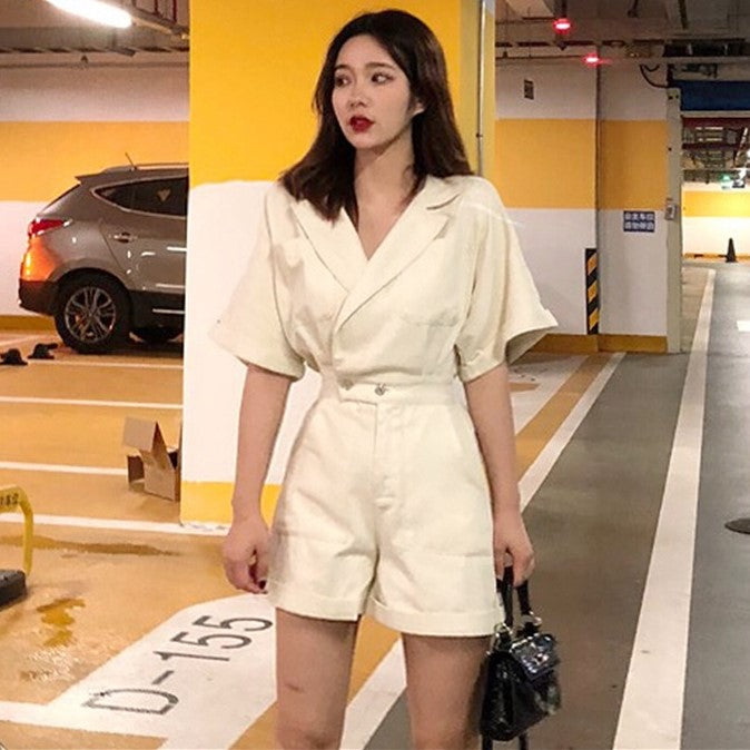 Women's suit collar denim jumpsuit Women's suit collar denim jumpsuit