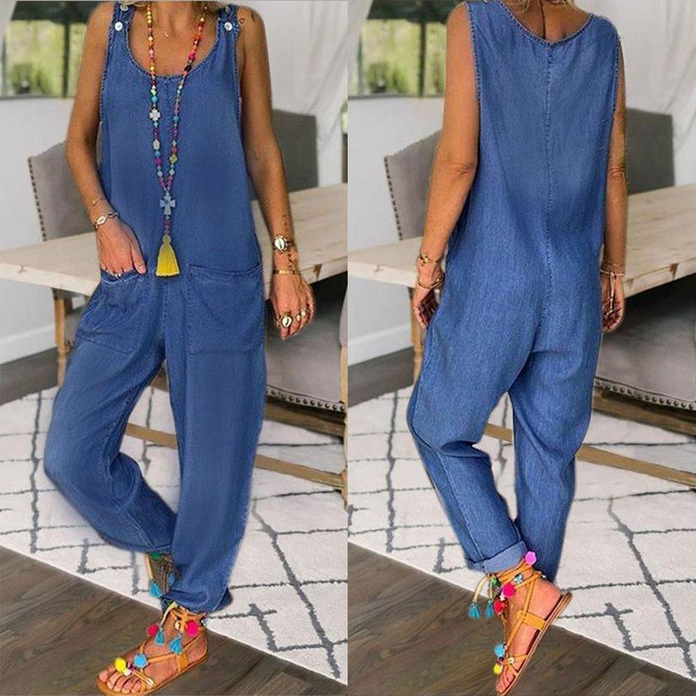 Solid Color Loose Denim Tencel Imitation Denim Temperament Jumpsuit