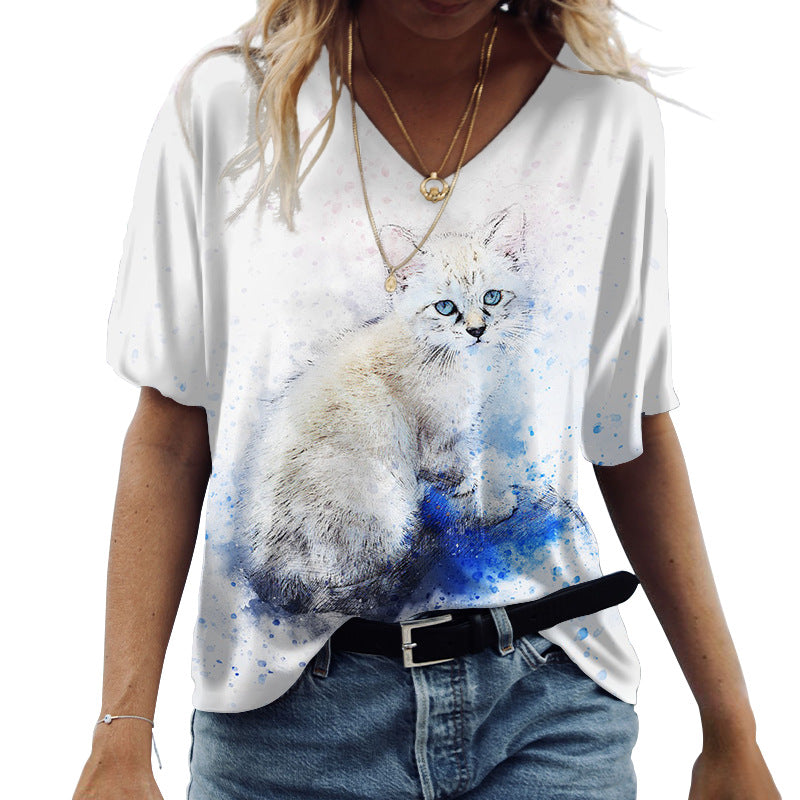 Casual Short Sleeve V-Neck Cat 3D