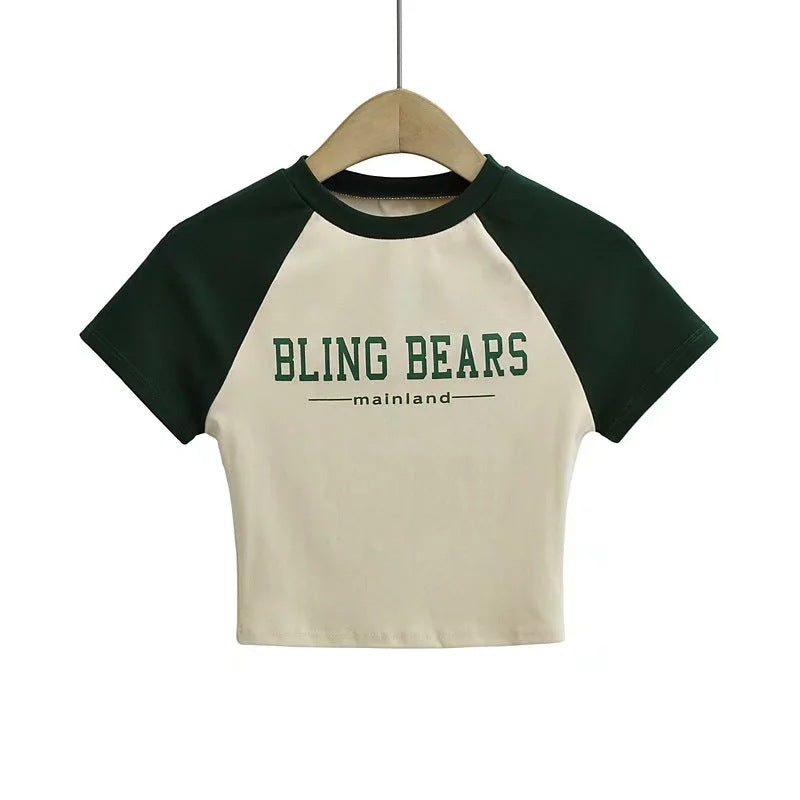 Color Blocking Letter Printed Round Neck Short Sleeve