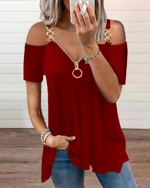 Low Cut Metal Strap Zippered Off Shoulder T Shirt