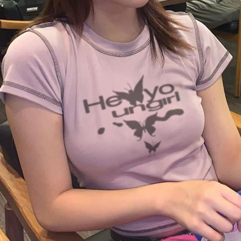 Sexy Tight Spice Girl Letter Butterfly Print Slim Slim Short T-shirt