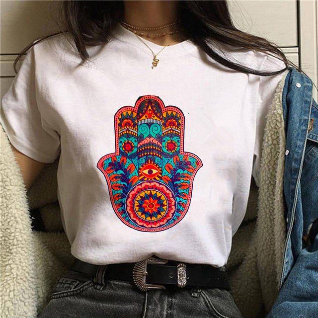Fashion Lucky Hand Plus Size Round Neck Black Ladies Short Sleeves