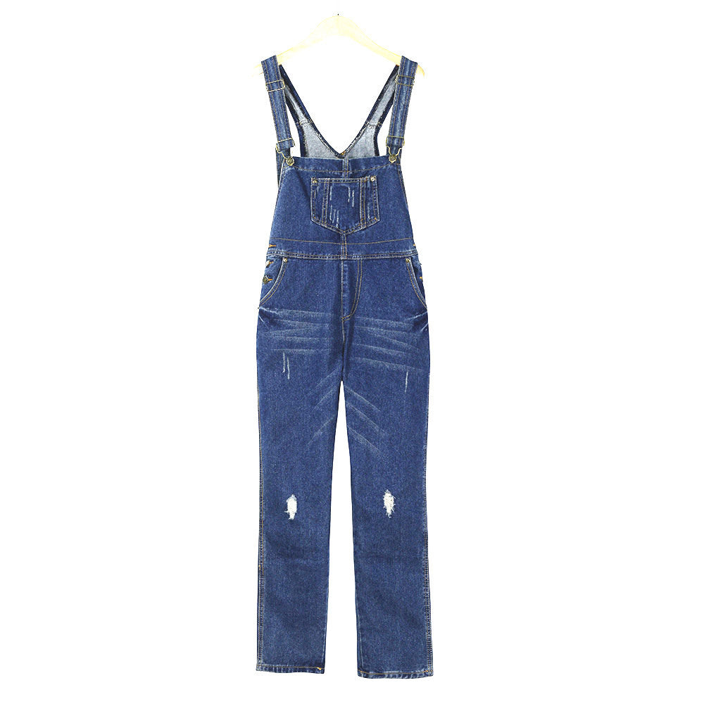 Shredded denim jumpsuit overalls