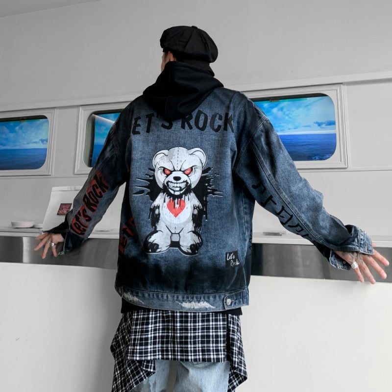 Loose Denim Shirt Men Thickened Tide Brand Scratched Hole Jacket Jacket Women