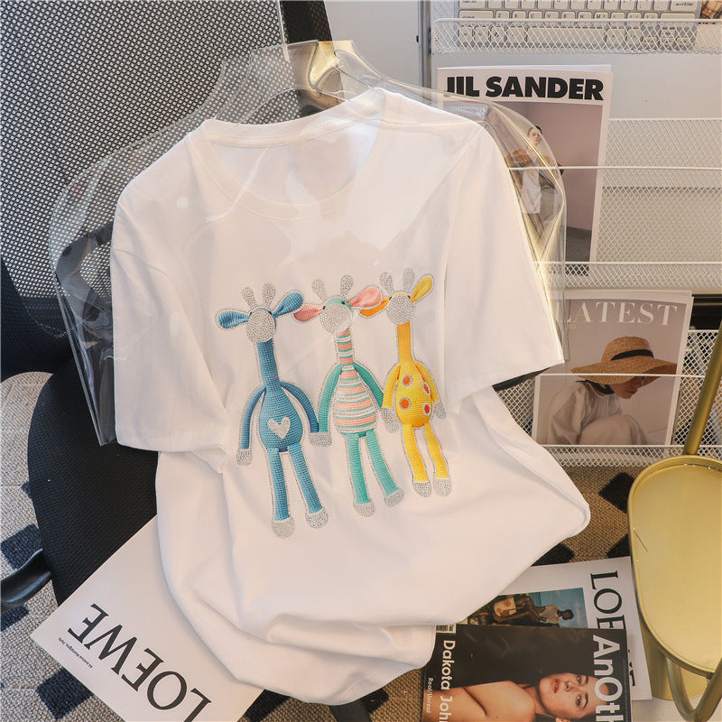 Three-dimensional Hot Diamond Cartoon Short-sleeved T-shirt Women's Clothing