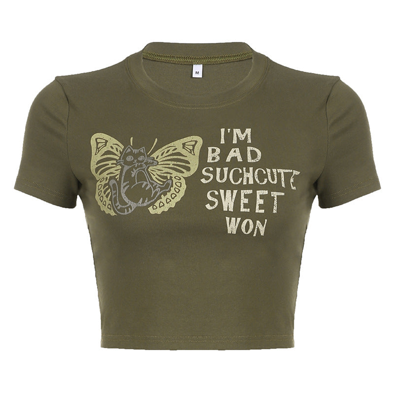 Casual Personality Spicy Girl Letter Print Round Neck T-shirt Top