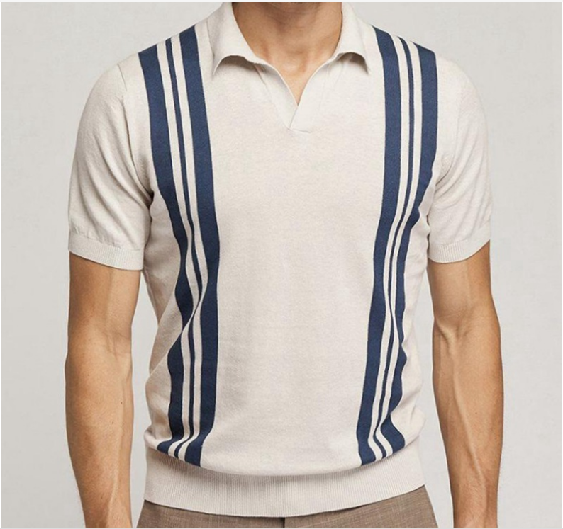 New Men's Summer Stripes Short-sleeved Sweater Slim Lapel Casual Polo Shirt For Men