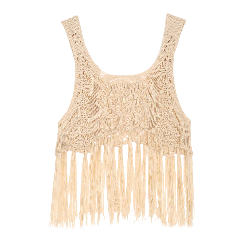 Bohemian Fringe Halter Top Hollowed-out Knit Vest