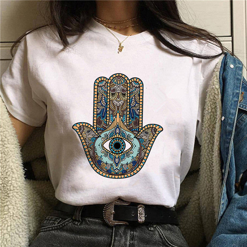Fashion Lucky Hand Plus Size Round Neck Black Ladies Short Sleeves