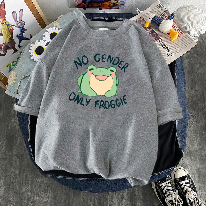 Frog Print Round Neck Loose Men's And Women's T-shirt