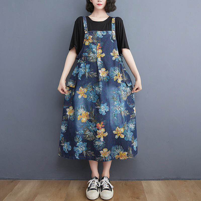 Spring Summer New Vintage Print Denim Strap Dress Women Spring Summer New Vintage Print Denim Strap Dress Women