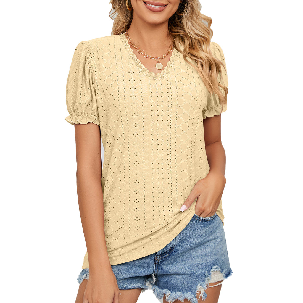 Solid Color Lace Patchwork Princess Sleeve Hollow Top