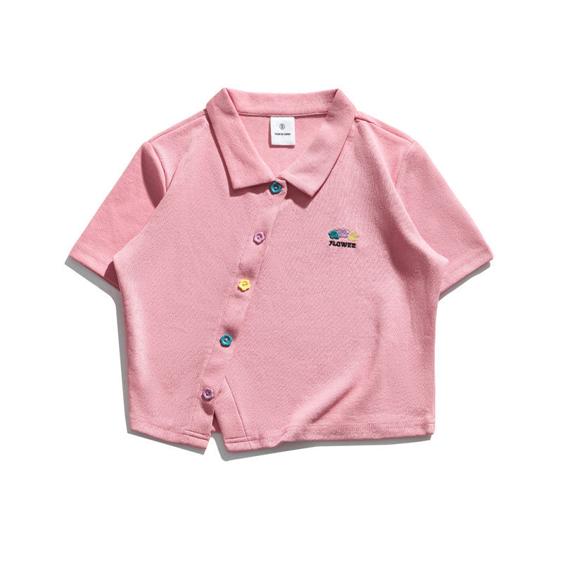 Embroidered Short Navel Polo Shirt Irregular Slit T-shirt Women
