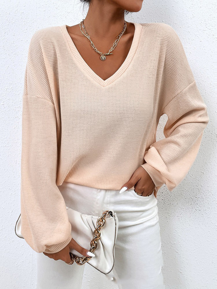 Spring And Summer V-neck Long-sleeved Waffle T-shirt Spring And Summer V-neck Long-sleeved Waffle T-shirt