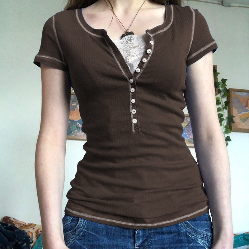 V-neck Open Line Lace Panel Short Sleeve Slim T-shirt