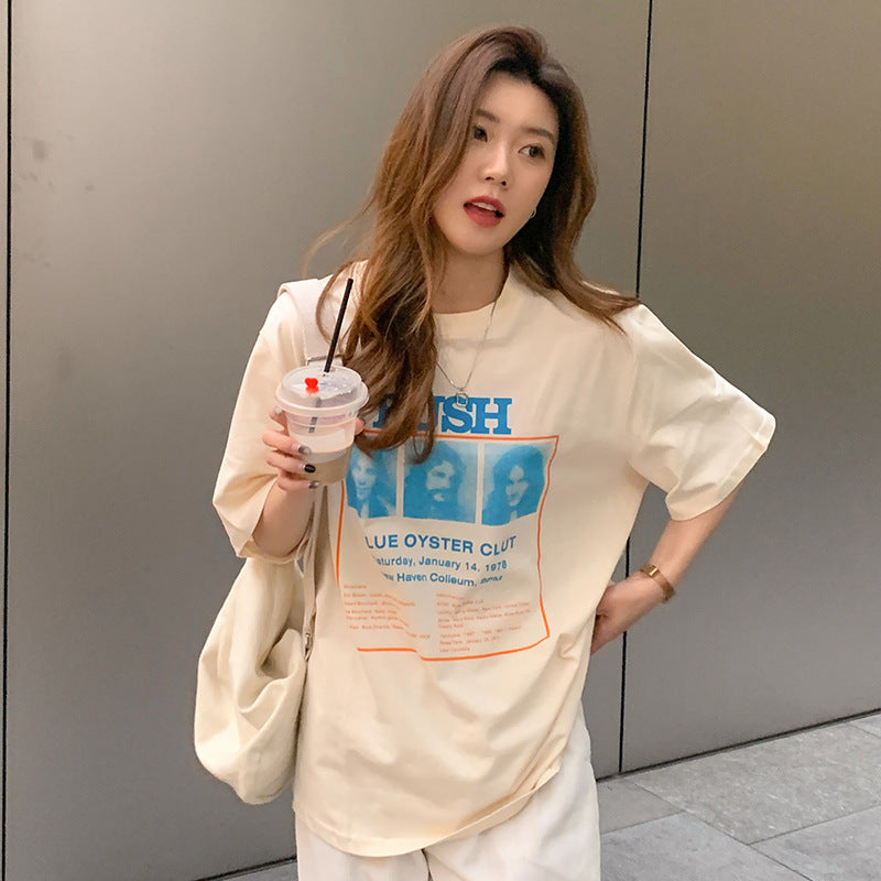 Summer Letter Character Print Loose Mid-length Short-sleeved T-shirt Schoolgirl Bottoming Shirt Top Fashion