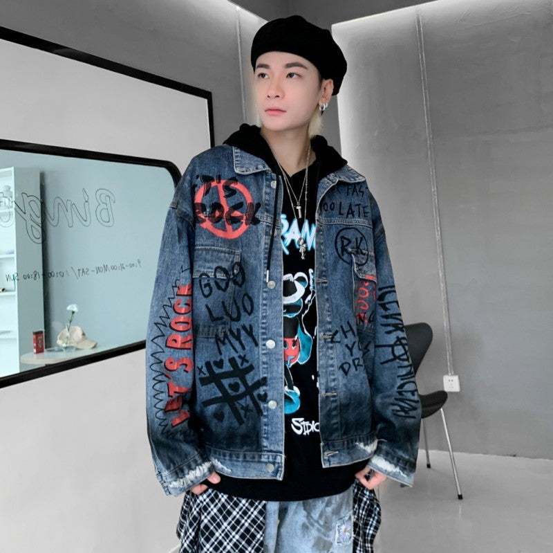 Loose Denim Shirt Men Thickened Tide Brand Scratched Hole Jacket Jacket Women