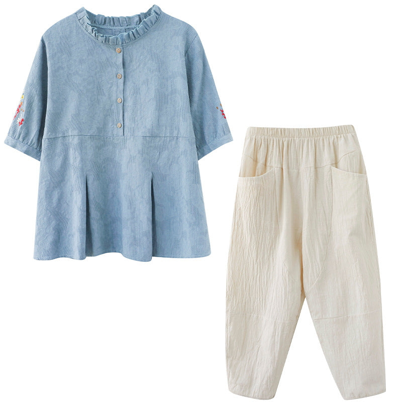Plus Size Cotton Linen Jacquard Embroidered Loose Top Harem Pants Suit