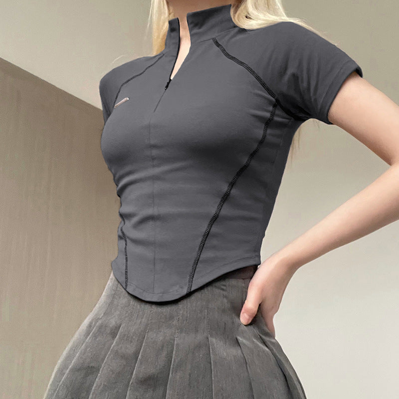 Split Slimming Invisible Zipper Spice Girl Stand-up Collar Bottoming Short Top