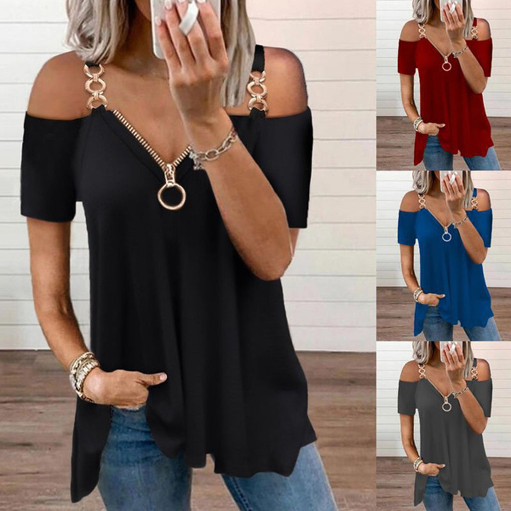 Low Cut Metal Strap Zippered Off Shoulder T Shirt