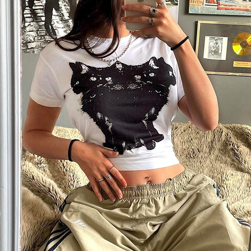 Fashion Multi Head Cat Print Short Sleeve T-shirt Round Neck Casual Top