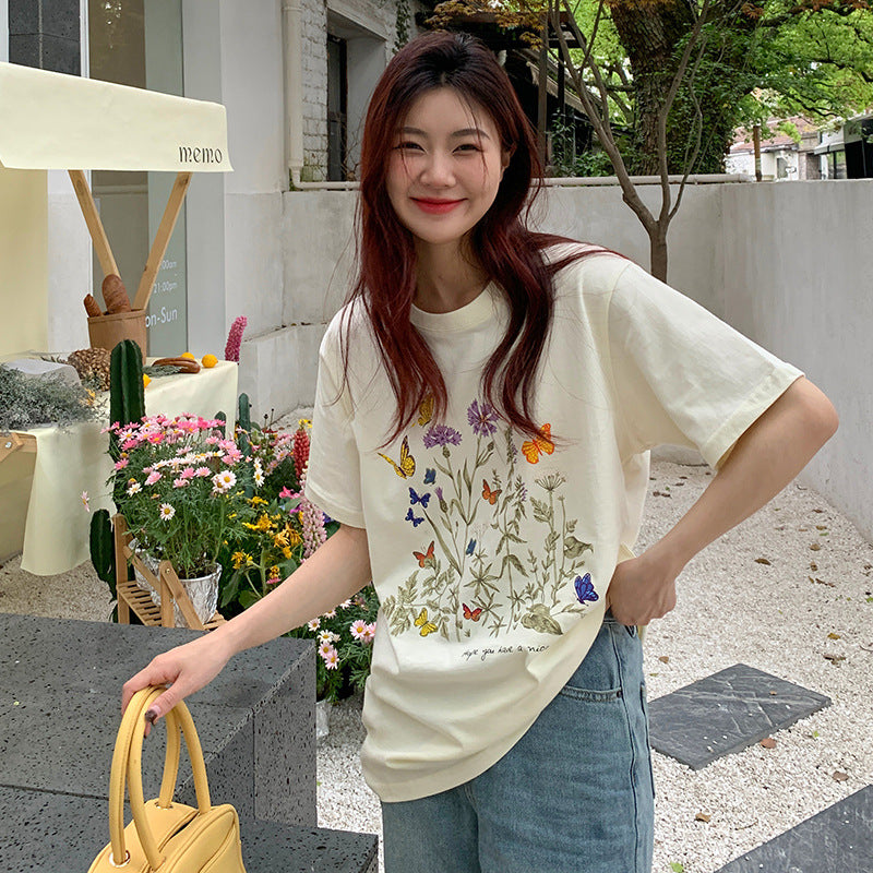 New Pure Cotton Heel Wrapped Collar Personality Flower Print Top