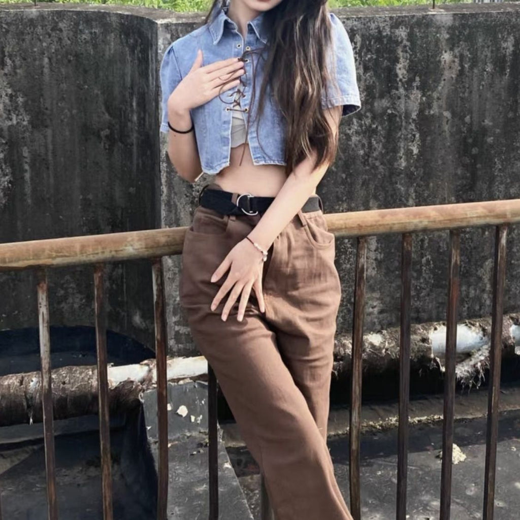 Denim Tie Up Shirt For Women With Loose Short Sleeves
