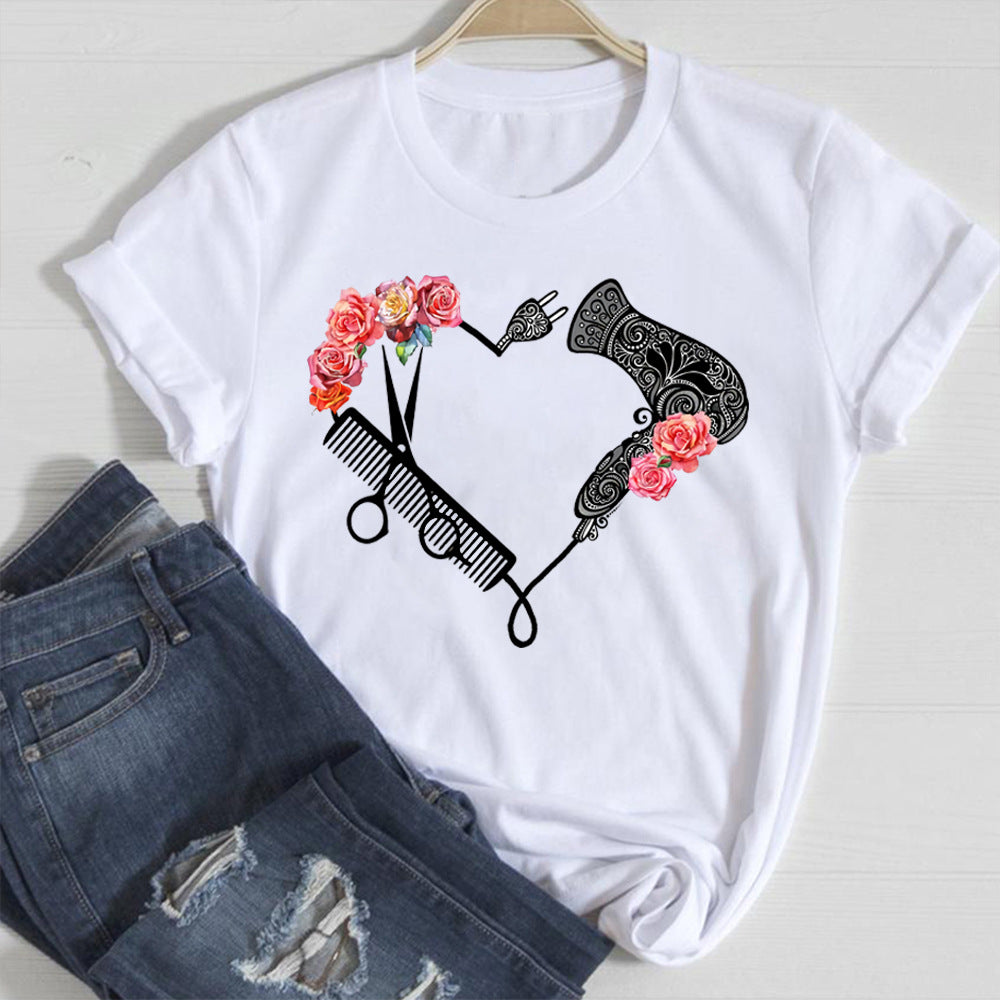 Fashion Hair Dryer Print Street Hipster Loose Ladies Top