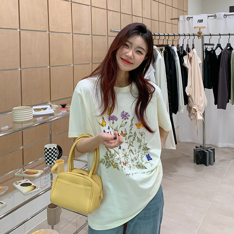 New Pure Cotton Heel Wrapped Collar Personality Flower Print Top