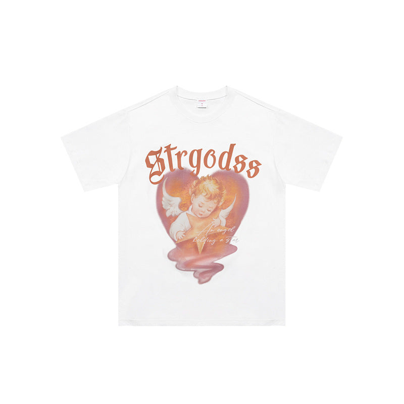 Summer Heavy American Retro Street Overesize Angel Print T-shirt