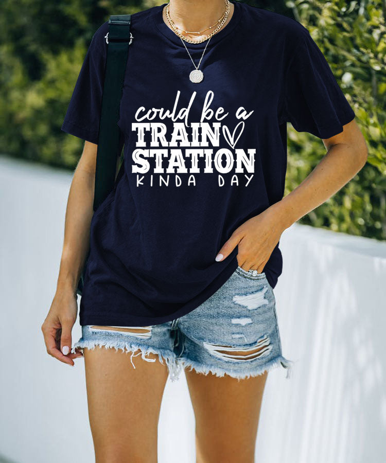 Letter Fun Printed Women's Round Neck Short Sleeve