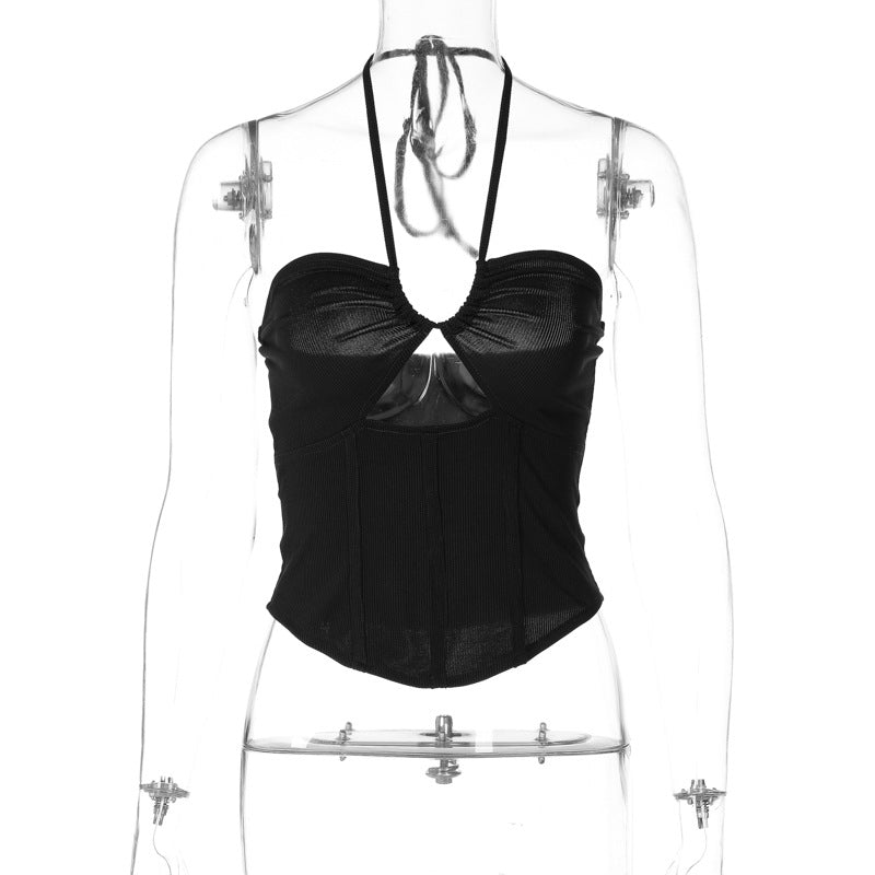 One-line Neck Hanging Neck Lace-up Small Vest Solid Color Top