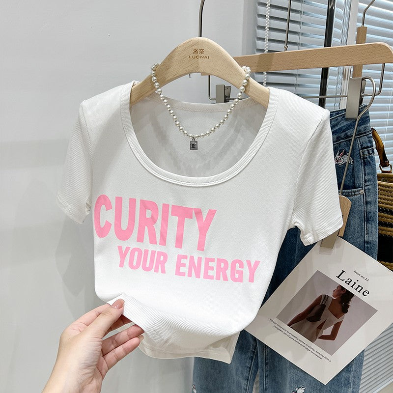 Short-sleeved T-shirt Women's Western Style Retro Print V-neck