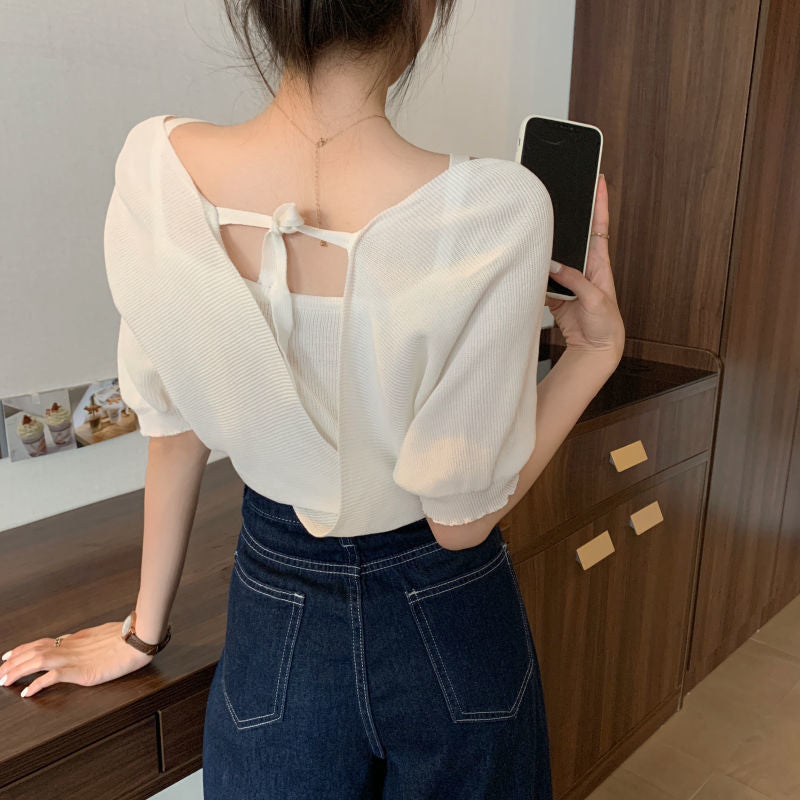 Design Fake Two-piece Waistband Short Sleeved Knit Shirt For Women
